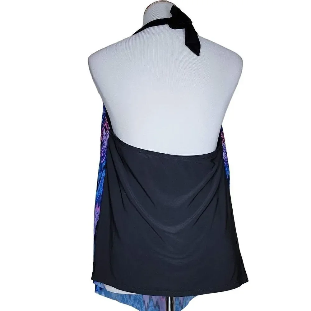 Aqua Green High Neck Angled Tankini Top Multicolor Size Large